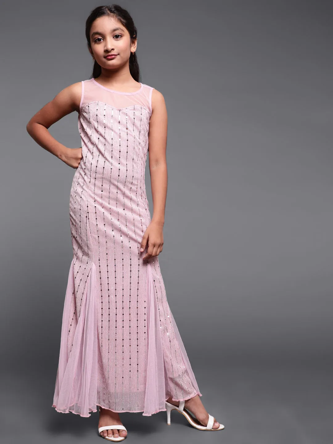 Girl's Pink Embellished Maxi Dress - Aks Girls