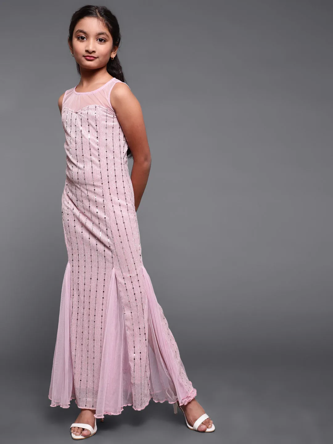 Girl's Pink Embellished Maxi Dress - Aks Girls