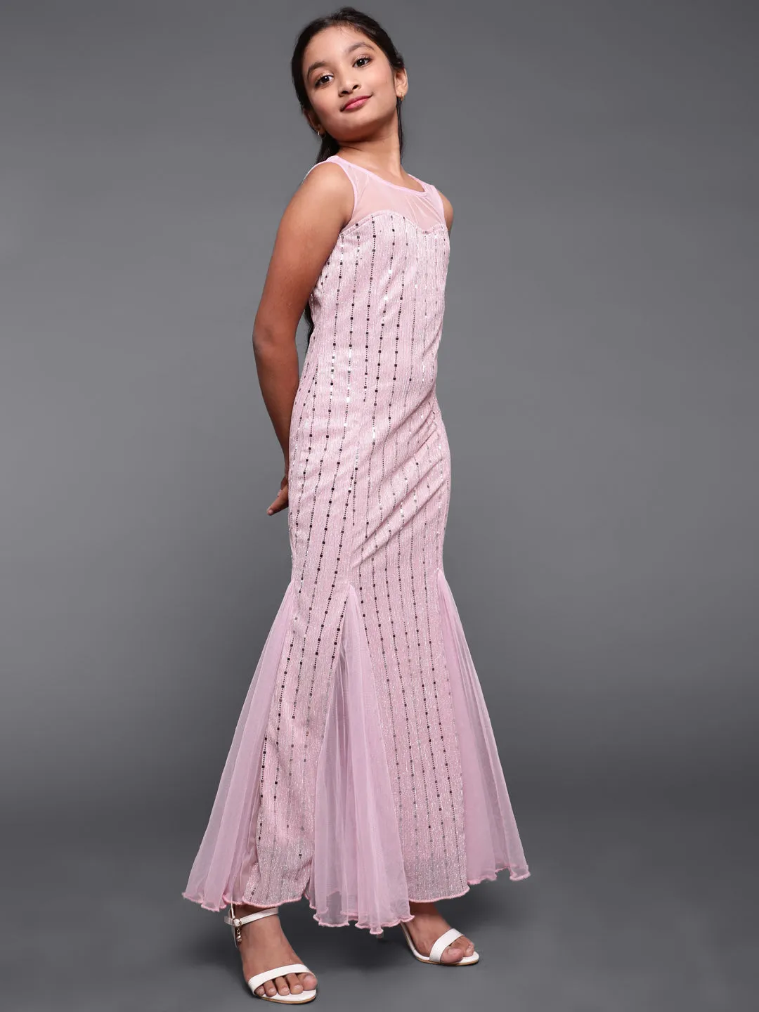 Girl's Pink Embellished Maxi Dress - Aks Girls