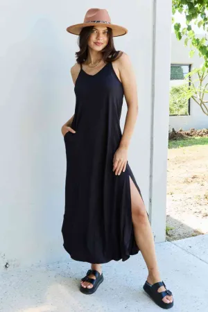 Good Energy Full Size Cami Side Slit Maxi Dress in Black