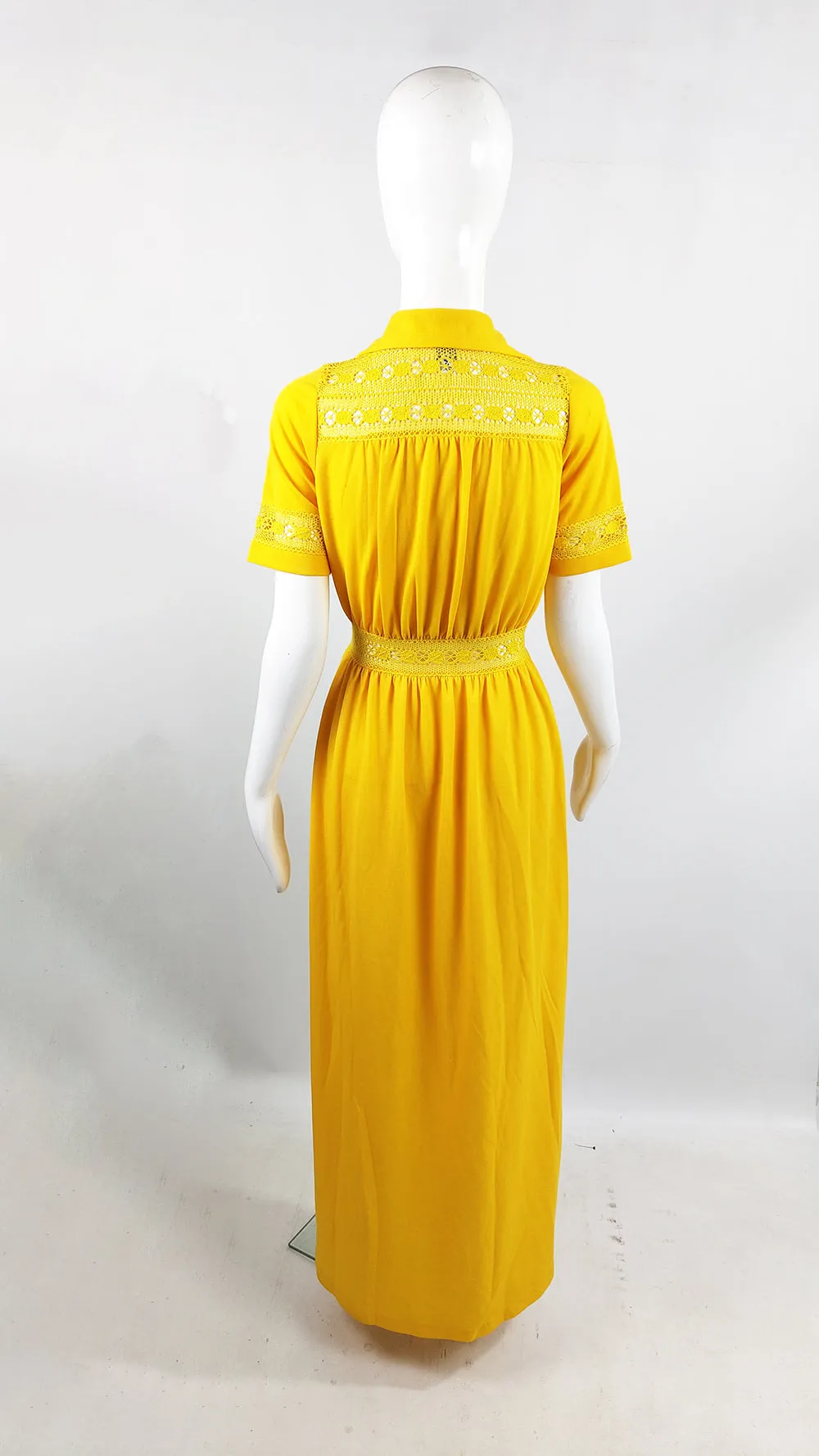 Gottex Vintage Yellow Sheer Cut Out Lace Maxi Dress, 1970s