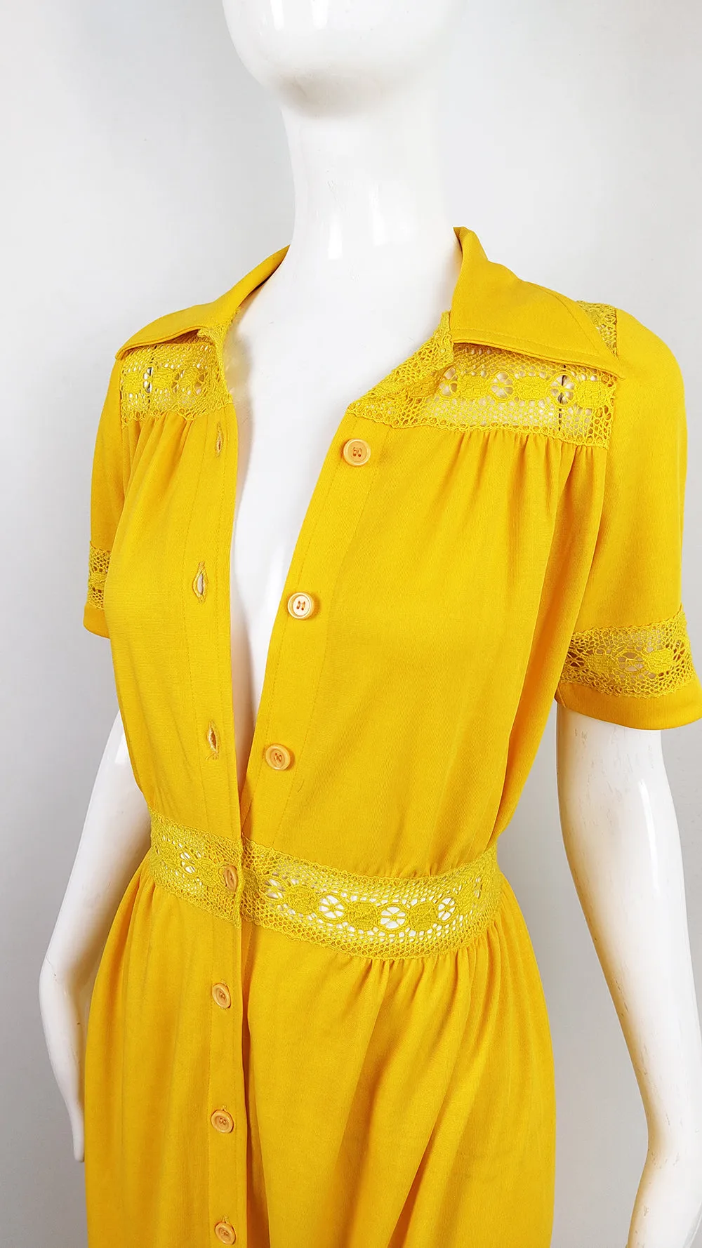 Gottex Vintage Yellow Sheer Cut Out Lace Maxi Dress, 1970s