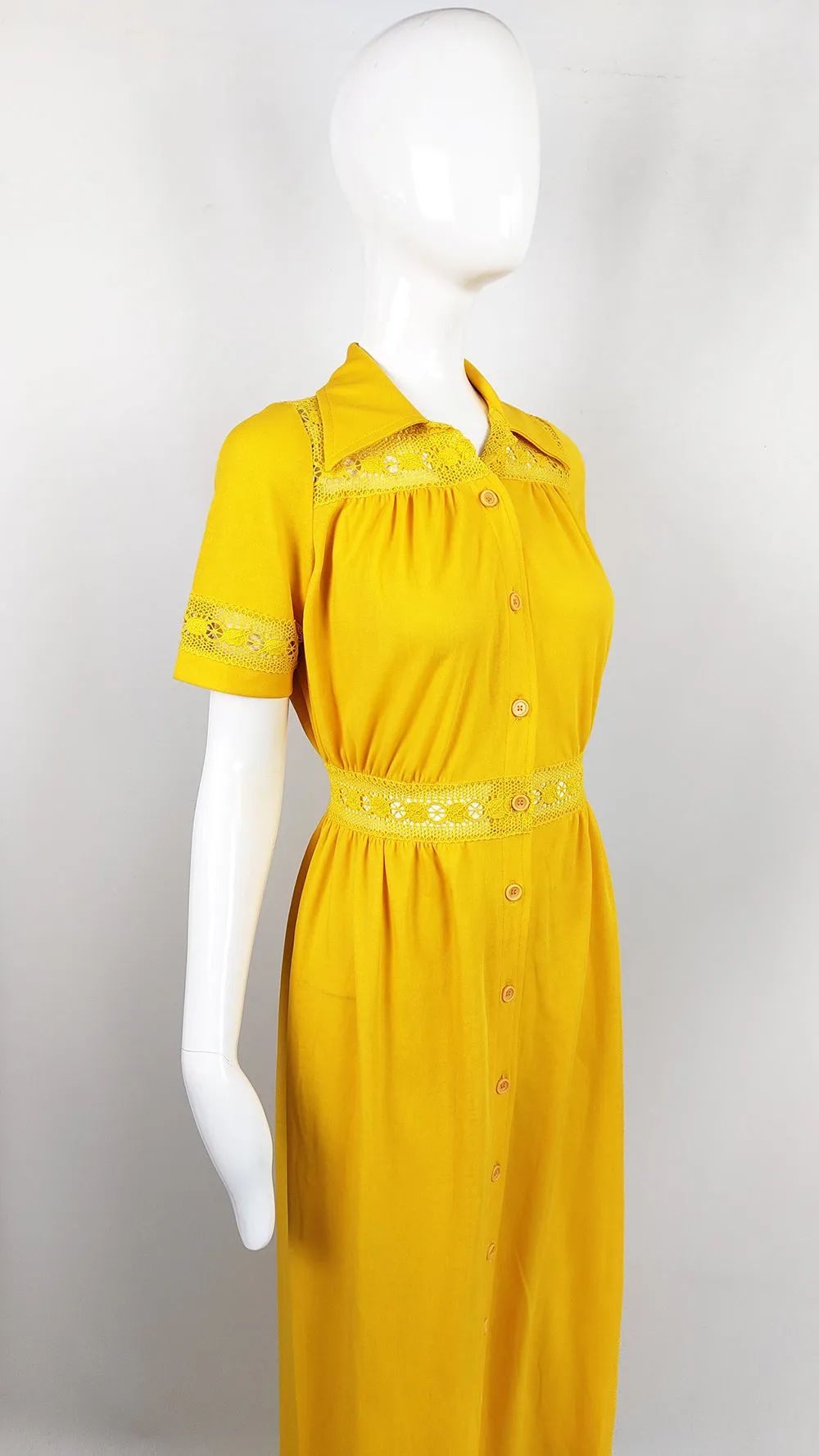 Gottex Vintage Yellow Sheer Cut Out Lace Maxi Dress, 1970s