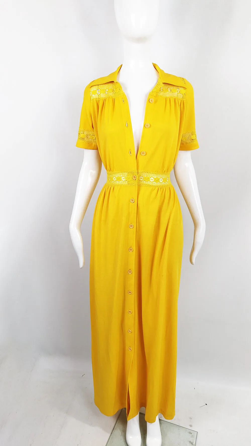 Gottex Vintage Yellow Sheer Cut Out Lace Maxi Dress, 1970s