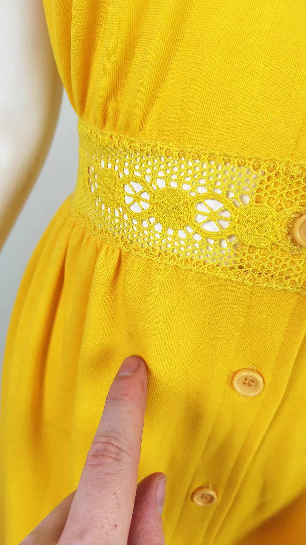 Gottex Vintage Yellow Sheer Cut Out Lace Maxi Dress, 1970s