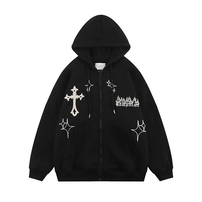 Hnewly Y2K Aesthetic Vintage Slim Sweatshirts Embroidery Graphic Pattern Zip Up Hoodies 2000s Retro Grunge Mall Goth Jacket Autumn Coat