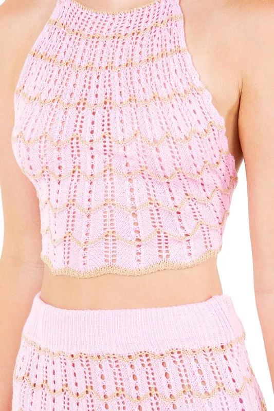 Hot Girl Candy Knit Cropped Halter Top And Skirt Set In Pink