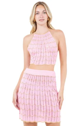 Hot Girl Candy Knit Cropped Halter Top And Skirt Set In Pink