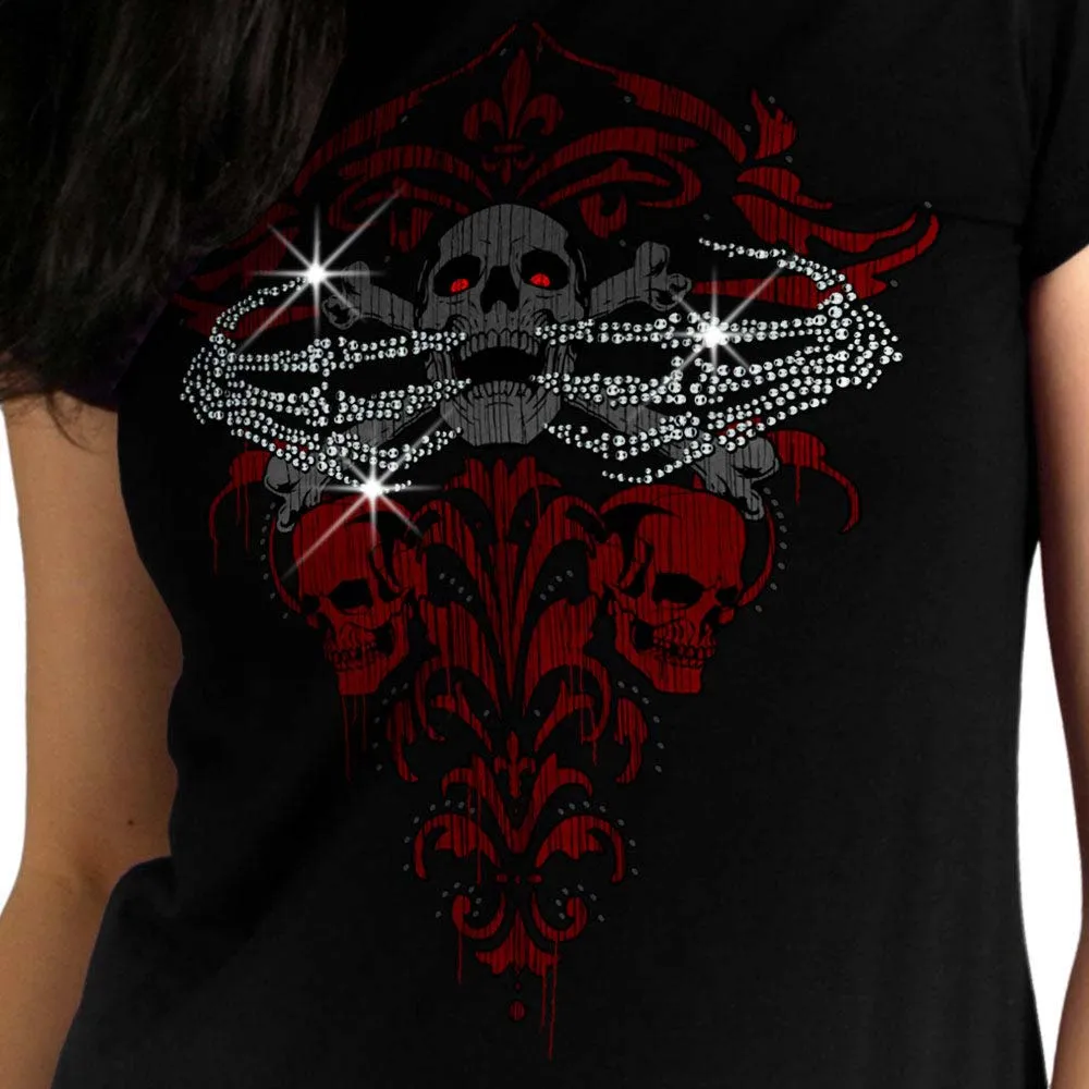 Hot Leathers GLC1561 Ladies Black Skeleton Bling Hands T-Shirt