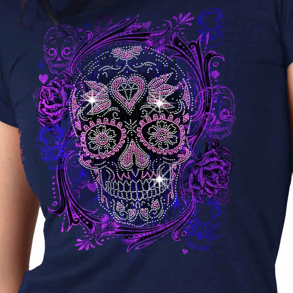 Hot Leathers GLR1563 Ladies Black Sugar Skull Bling T-Shirt