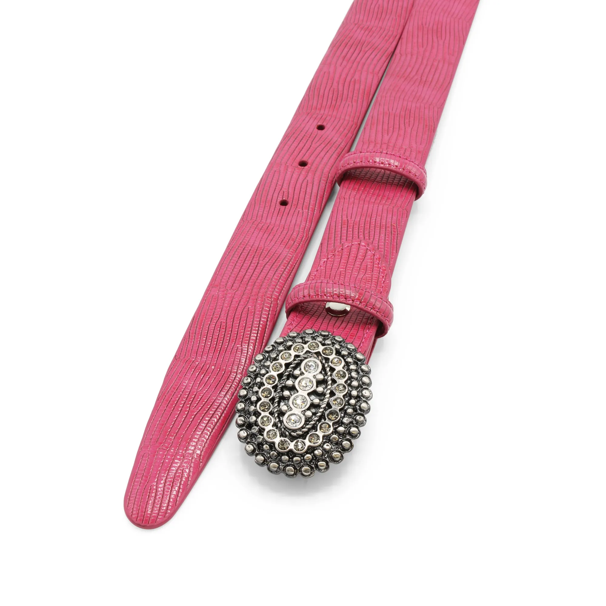 Hot Pink Narrow Lucertola Texture Crystal Oval Belt