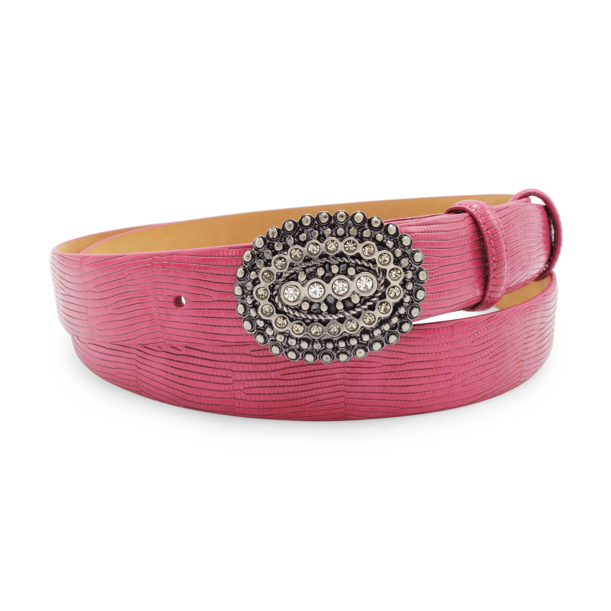 Hot Pink Narrow Lucertola Texture Crystal Oval Belt