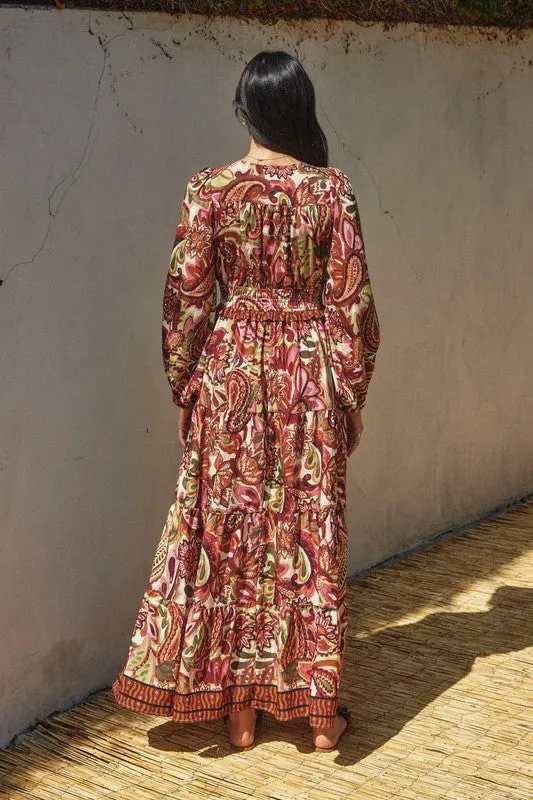 Jessica Long Sleeve Paisley Print Tiered Maxi Dress Rust