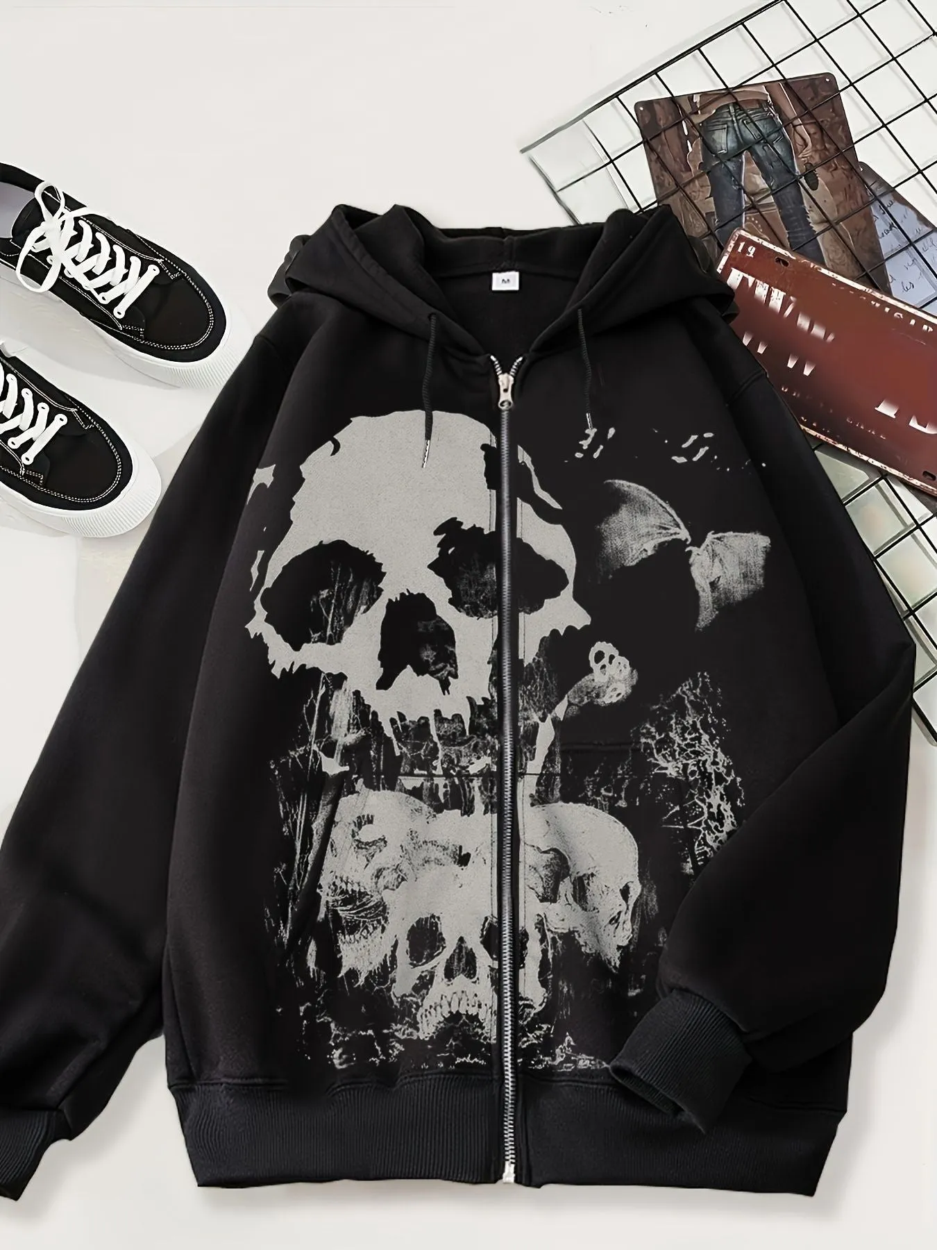 Jinquedai grunge dti 2024 New Cardigan Sweater Dark Skull Casual American Zipper Men's Style Hoodie Black Trendy Black Coat