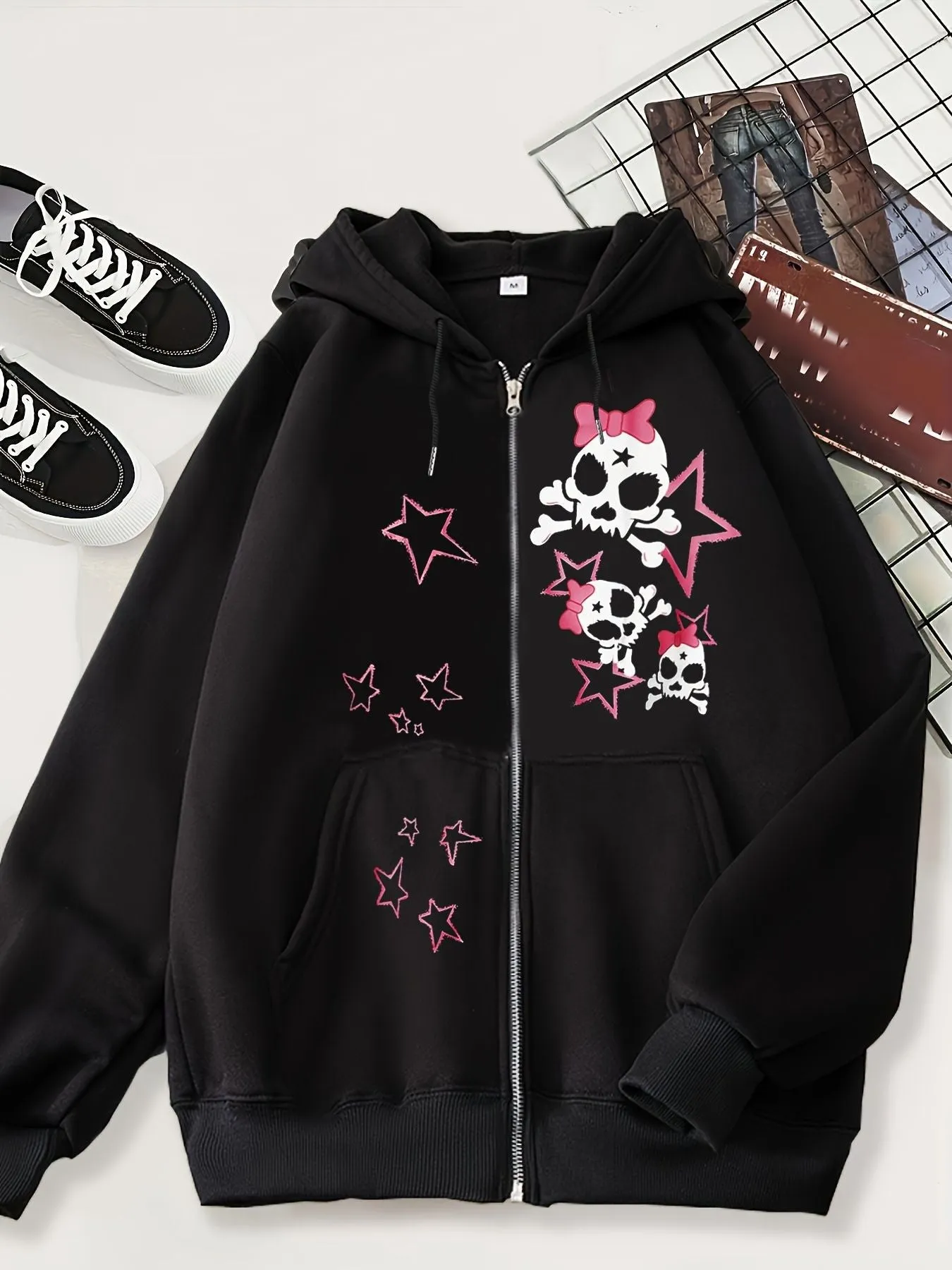 Jinquedai grunge dti 2024 New Cardigan Sweater Dark Skull Casual American Zipper Men's Style Hoodie Black Trendy Black Coat