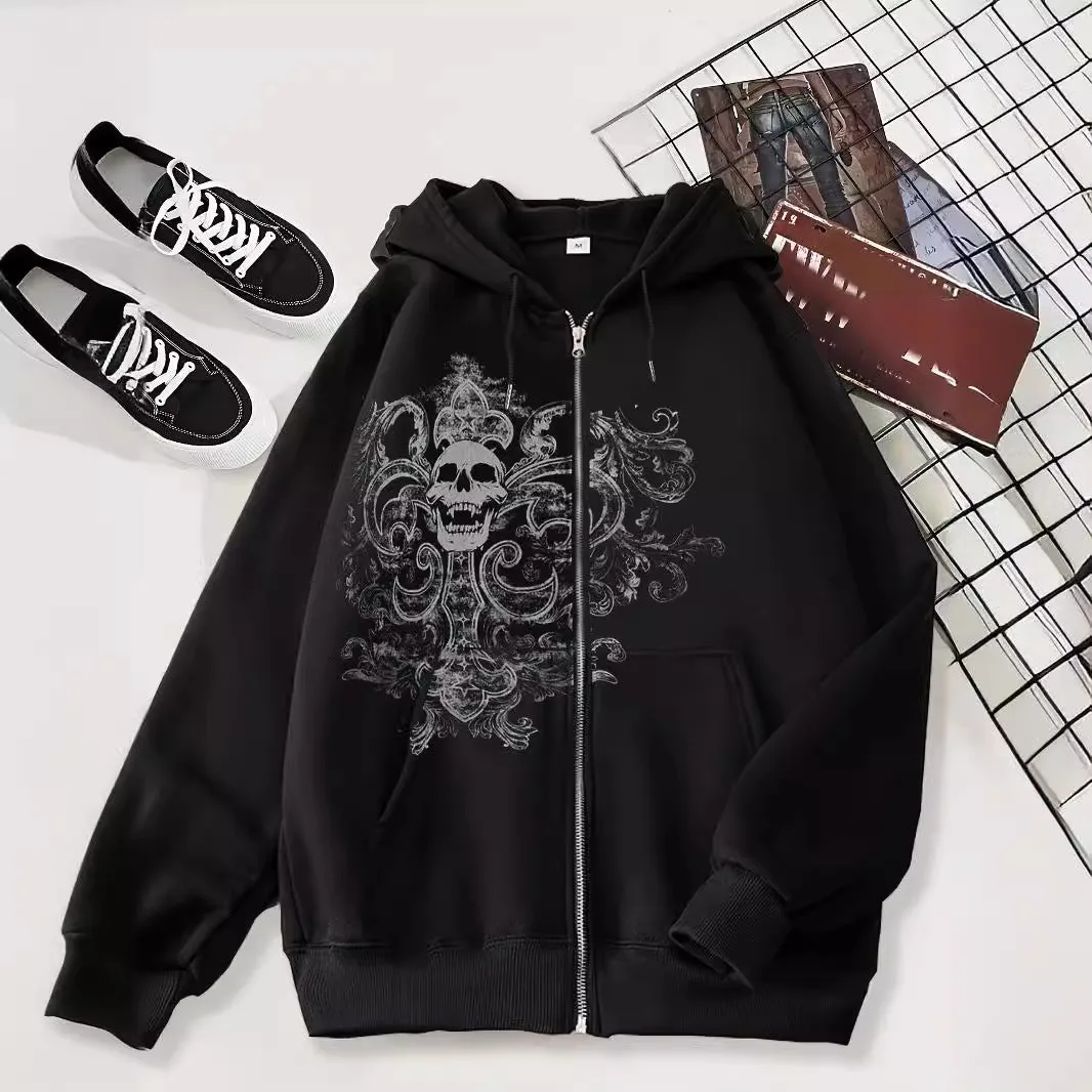 Jinquedai grunge dti 2024 New Cardigan Sweater Dark Skull Casual American Zipper Men's Style Hoodie Black Trendy Black Coat