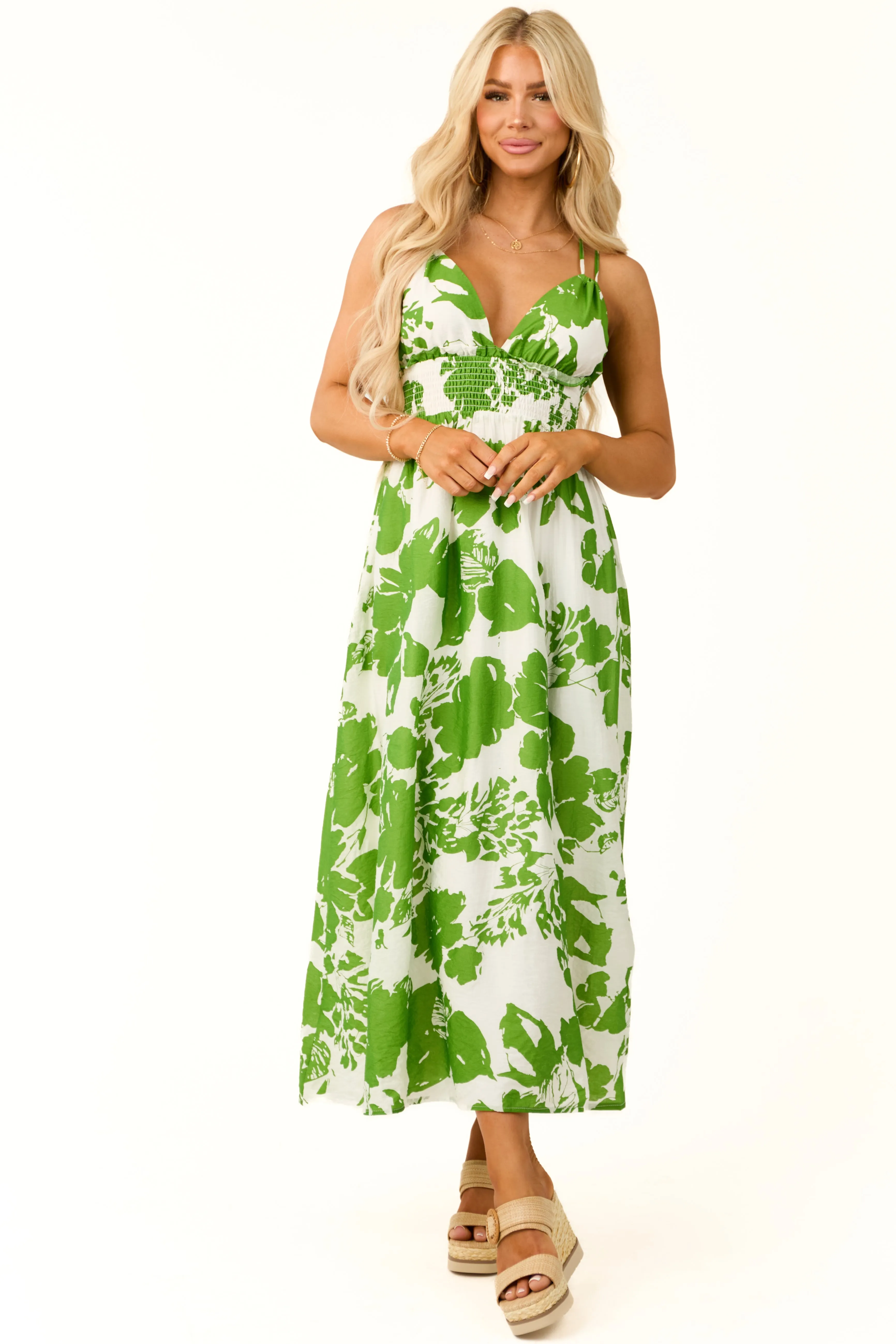 Kelly Green Floral Print Side Slit Maxi Dress