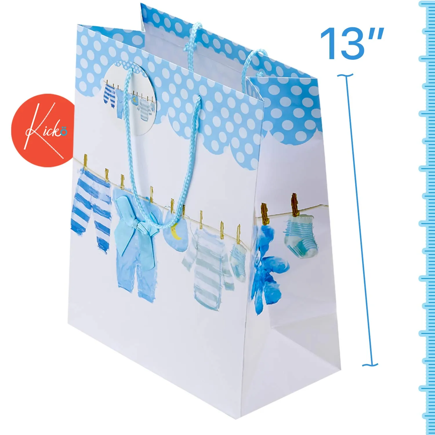 Kicko Large Blue Baby Gift Bags - 3 Pack - 13 Inches, Featuring Onesies, Bibs, Newborn