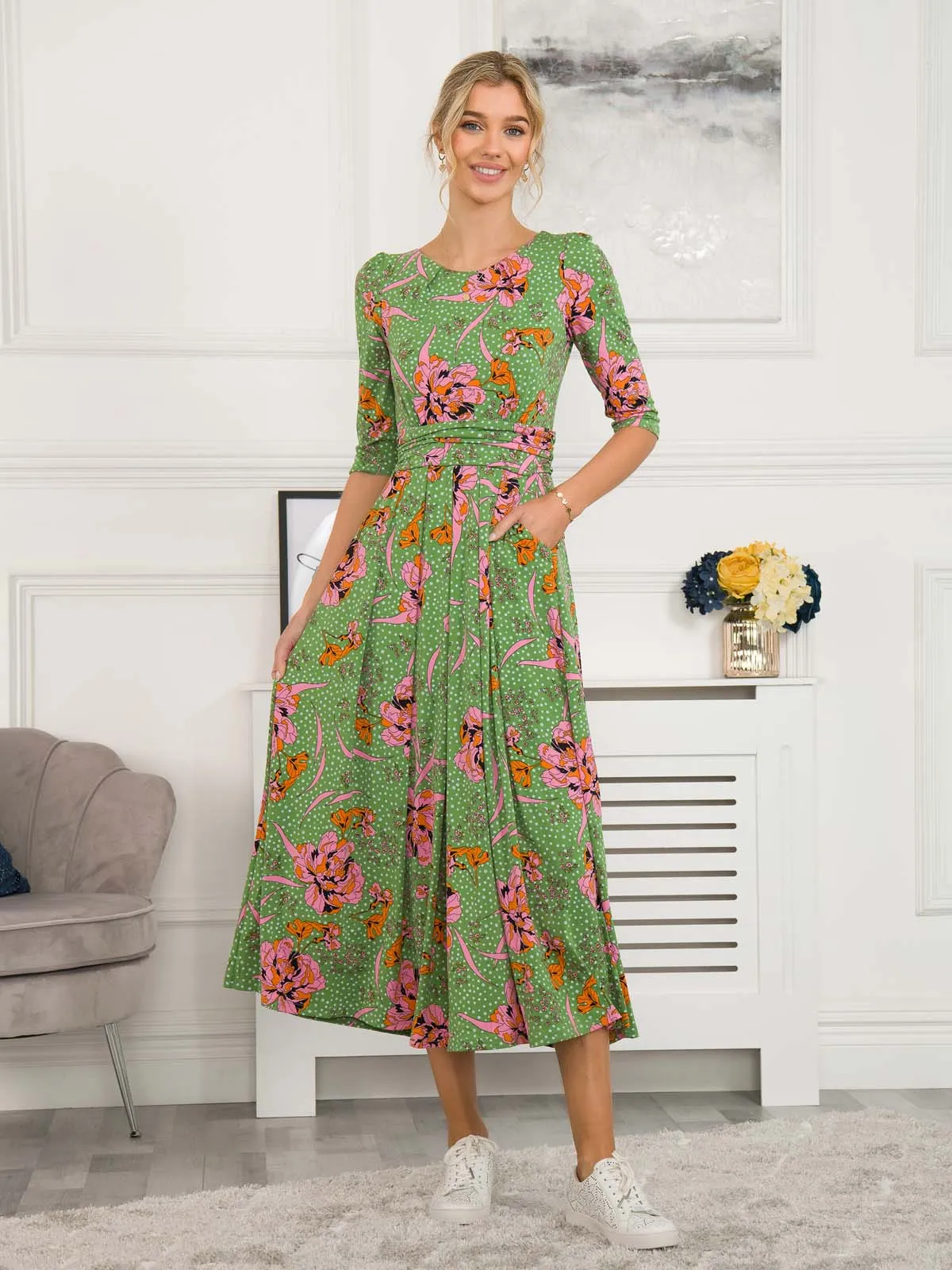 Kimberly Jersey 3/4 Sleeve Maxi Dress, Green Floral