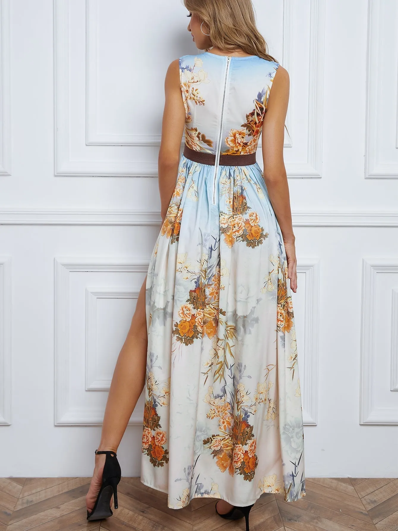 KittenAlarm - Floral Print Split Thigh Maxi Dress