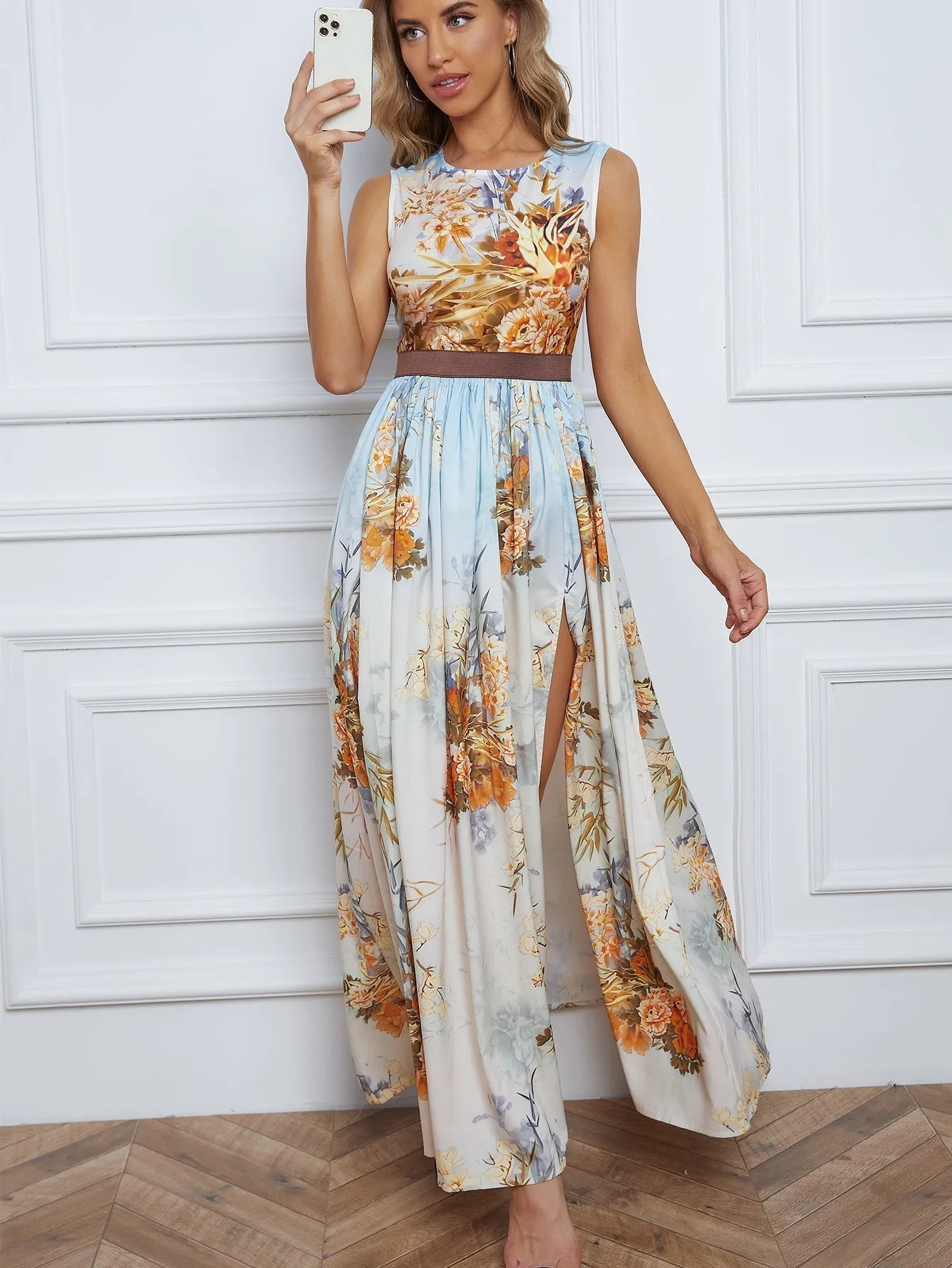 KittenAlarm - Floral Print Split Thigh Maxi Dress