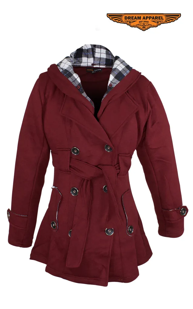 Ladies Burgundy Button Up Coat W/ Belt and Removable Hood