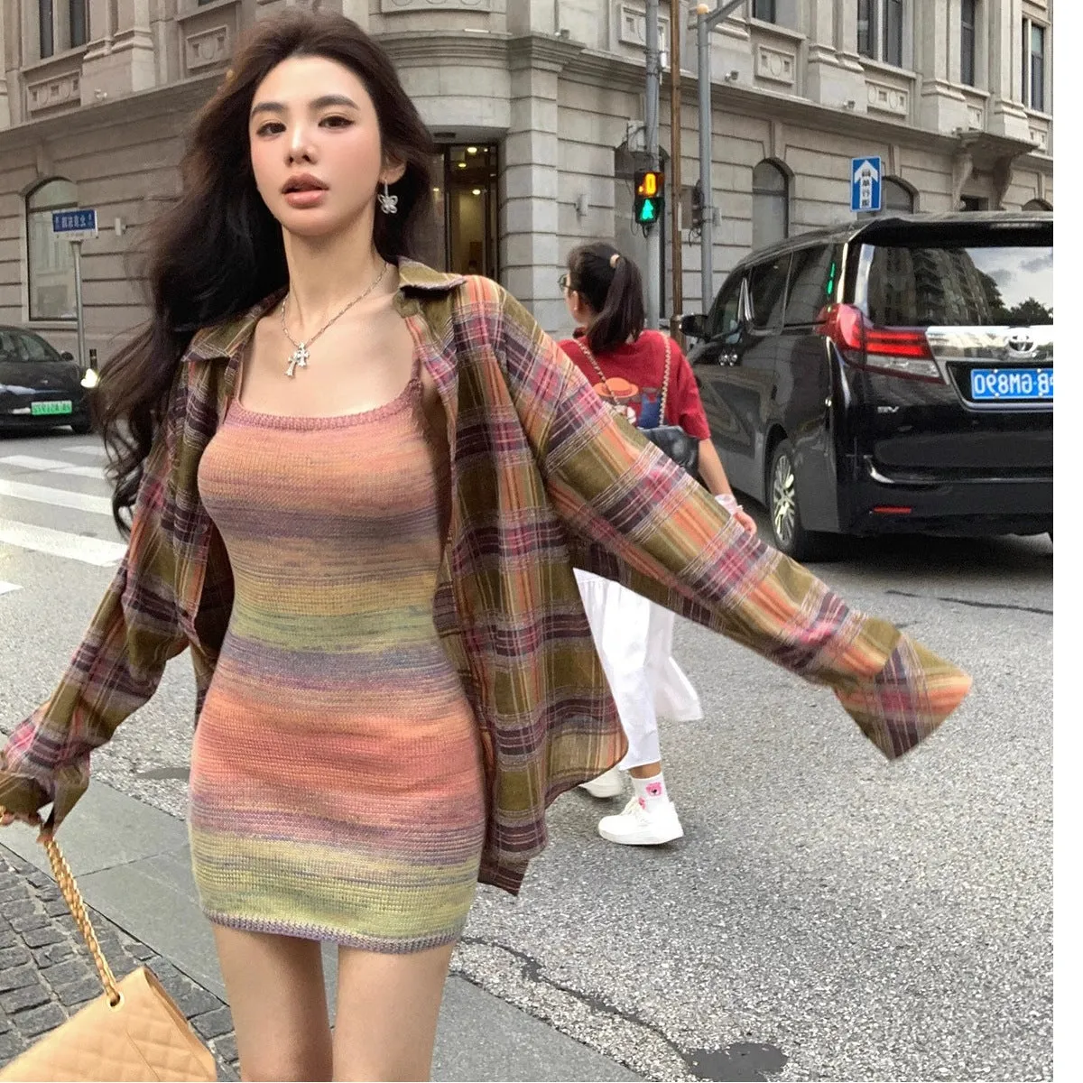 Lanfubeisi grunge outfits Autumn and Winter New Loose Coat Design Sense Niche Retro Versatile Slimming Plaid Long Sleeve Shirt