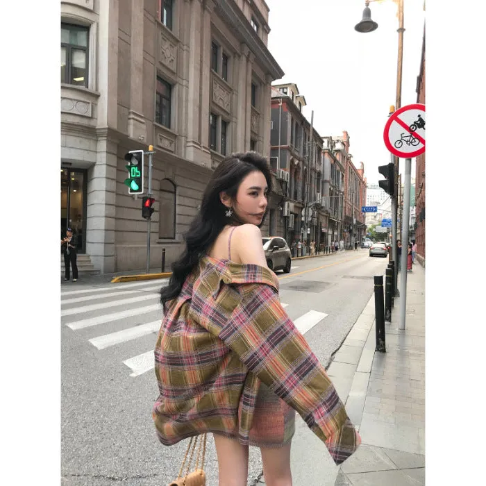 Lanfubeisi grunge outfits Autumn and Winter New Loose Coat Design Sense Niche Retro Versatile Slimming Plaid Long Sleeve Shirt