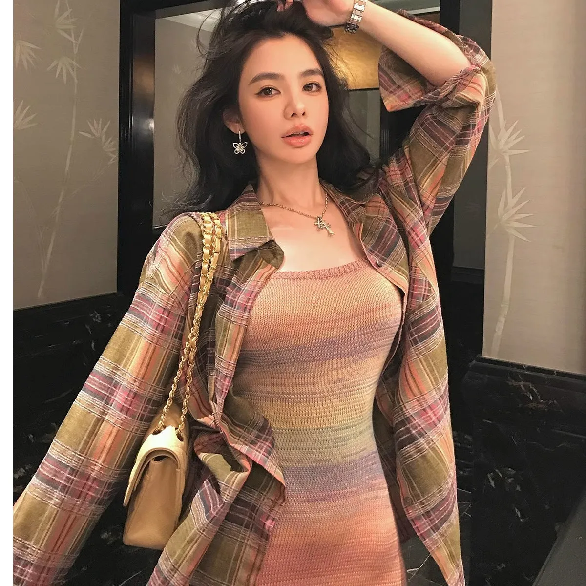 Lanfubeisi grunge outfits Autumn and Winter New Loose Coat Design Sense Niche Retro Versatile Slimming Plaid Long Sleeve Shirt