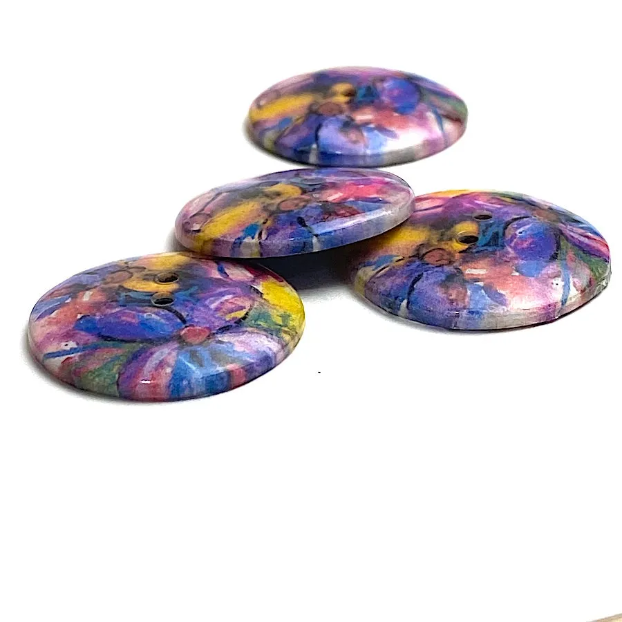 LAST ONES Purples, Pinks, Gold Abstract Tropical Coconut Paper Art Button 1"