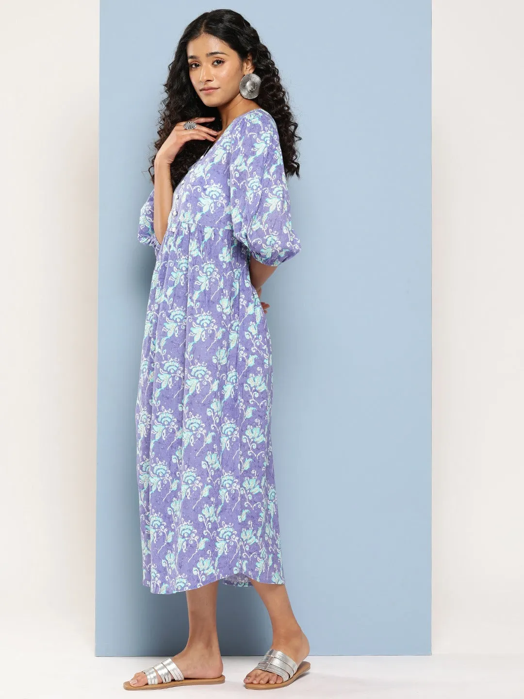 Lavender Floral Print Flared Sleeve Maxi Dress