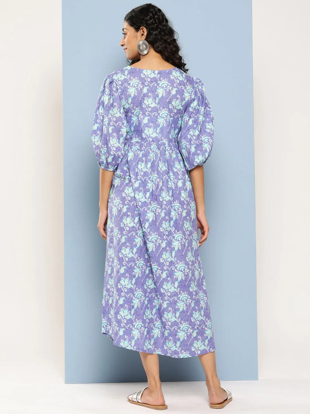 Lavender Floral Print Flared Sleeve Maxi Dress