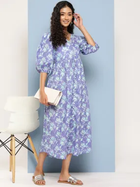 Lavender Floral Print Flared Sleeve Maxi Dress