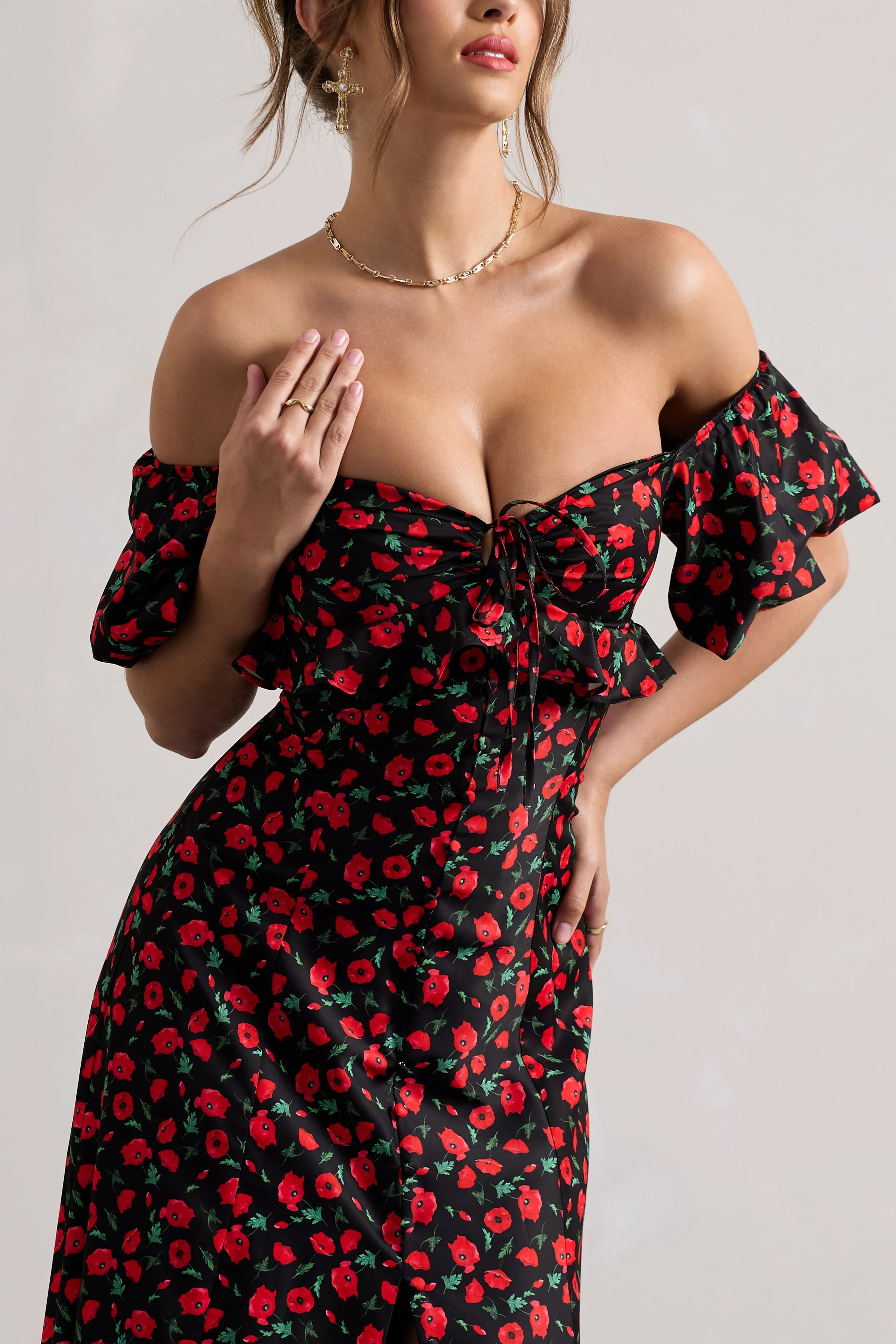 Lenna | Black & Red Floral Bardot Buttoned Split Maxi Dress