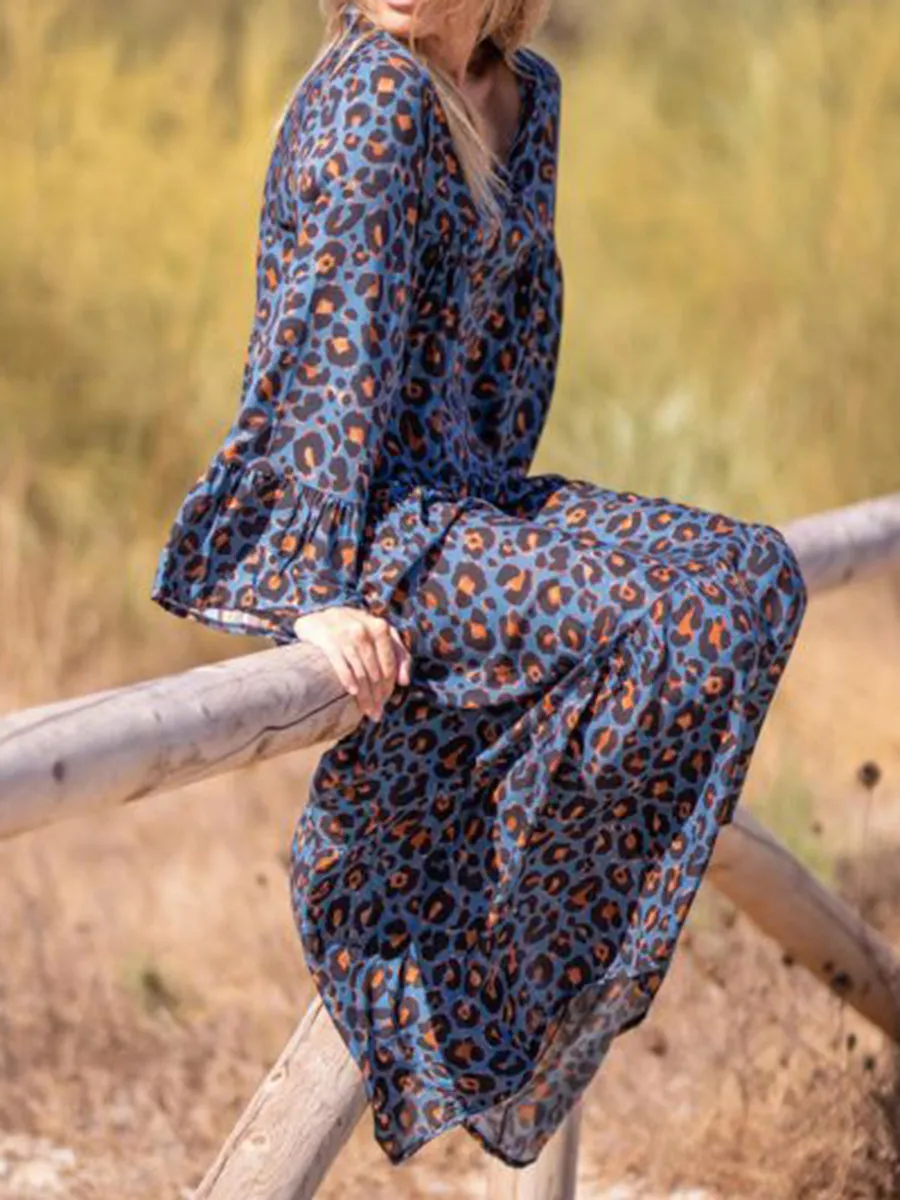 Leopard V-Neck Casual Long Sleeve Dress