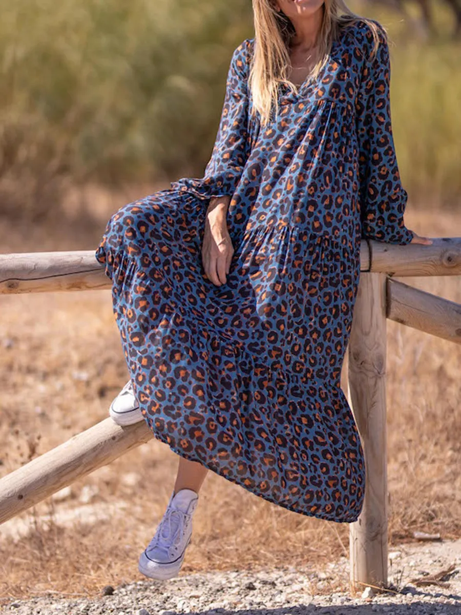 Leopard V-Neck Casual Long Sleeve Dress