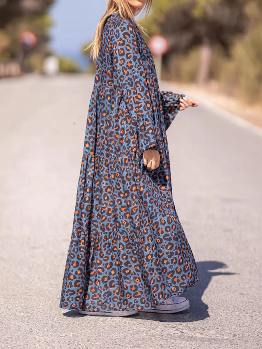 Leopard V-Neck Casual Long Sleeve Dress