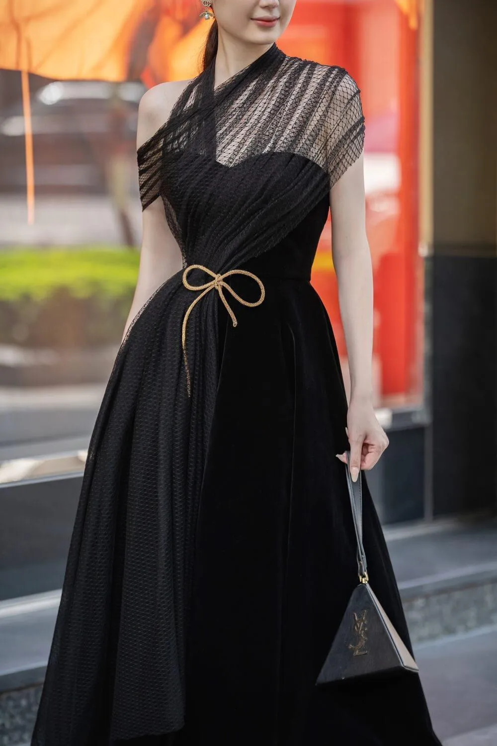 Leslie Fit and Flare Crossover Mesh Taffeta Maxi Dress