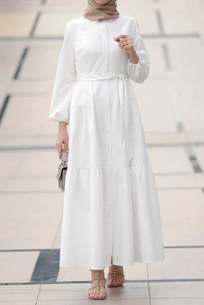 Livela collar neck button through tiered maxi dress with a detachable belt in white