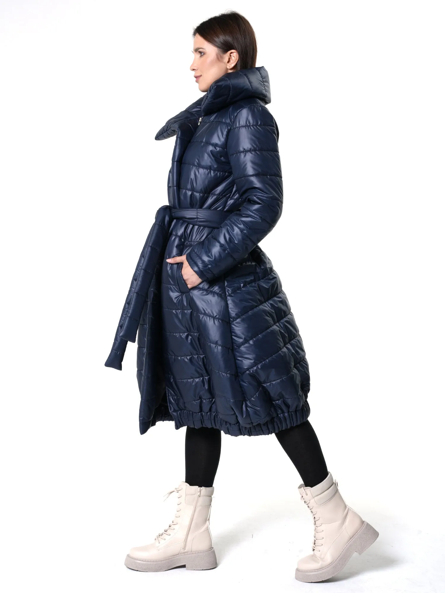 Long Belted Puffer Coat In Blue