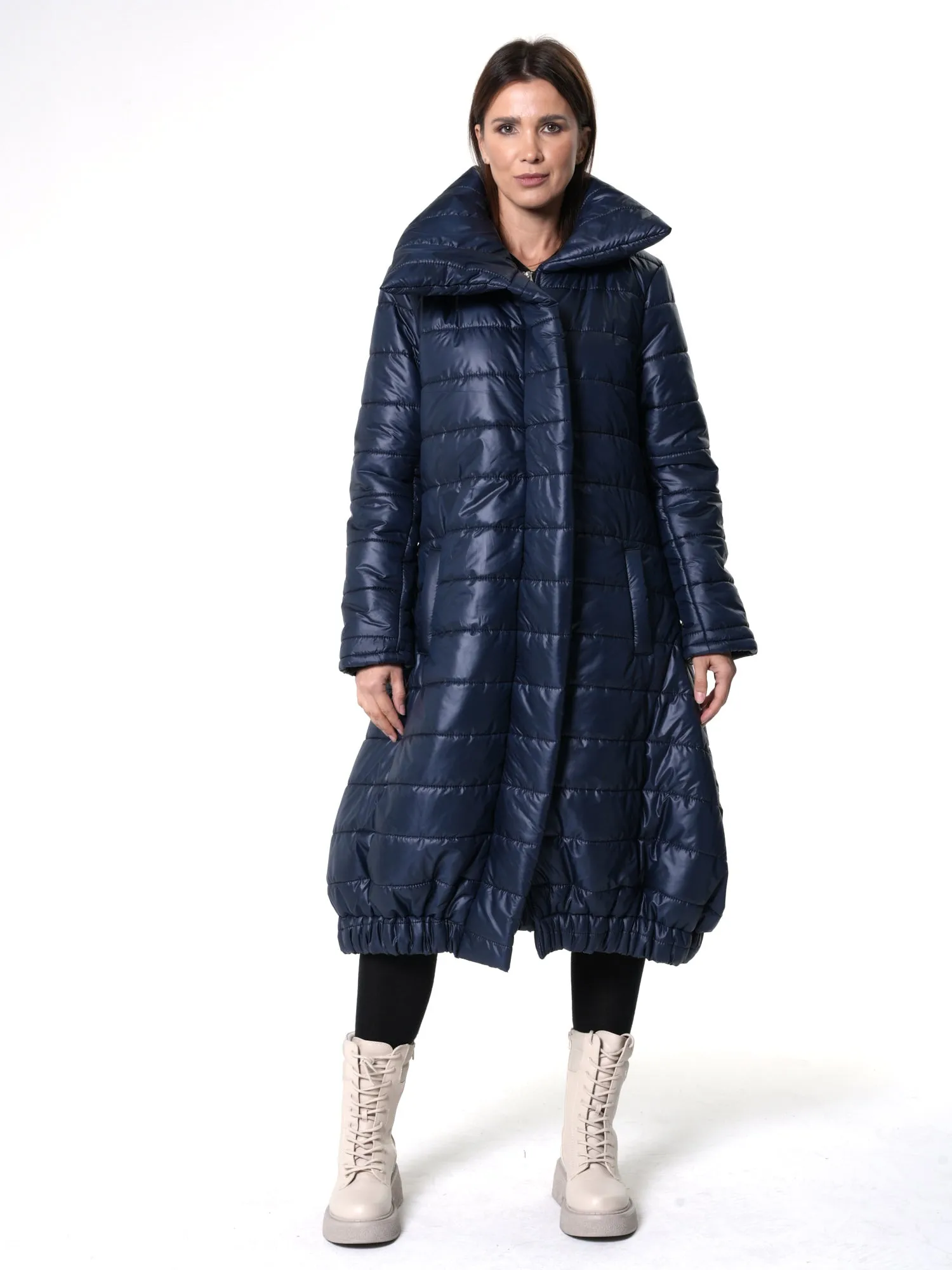 Long Belted Puffer Coat In Blue