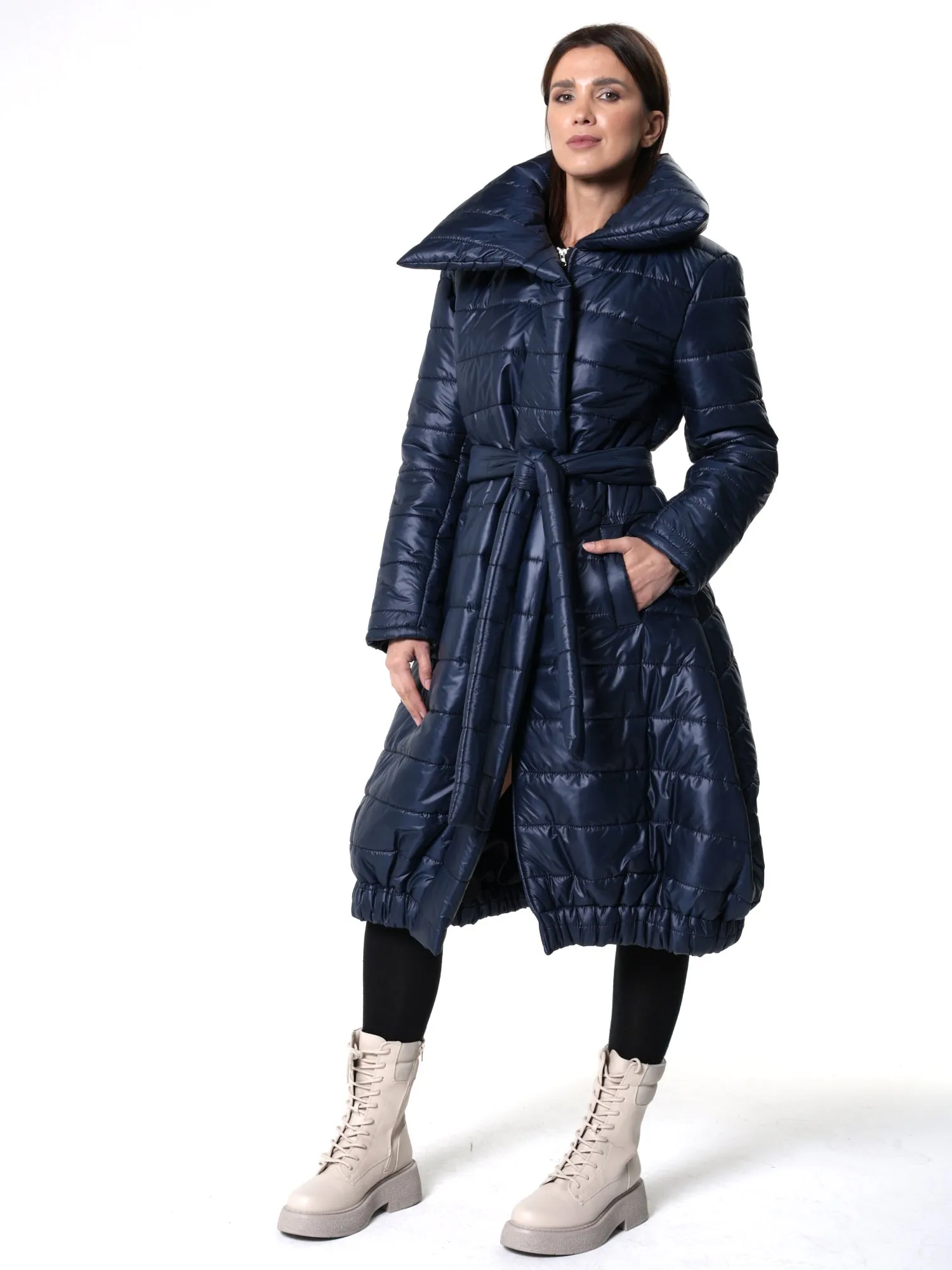 Long Belted Puffer Coat In Blue