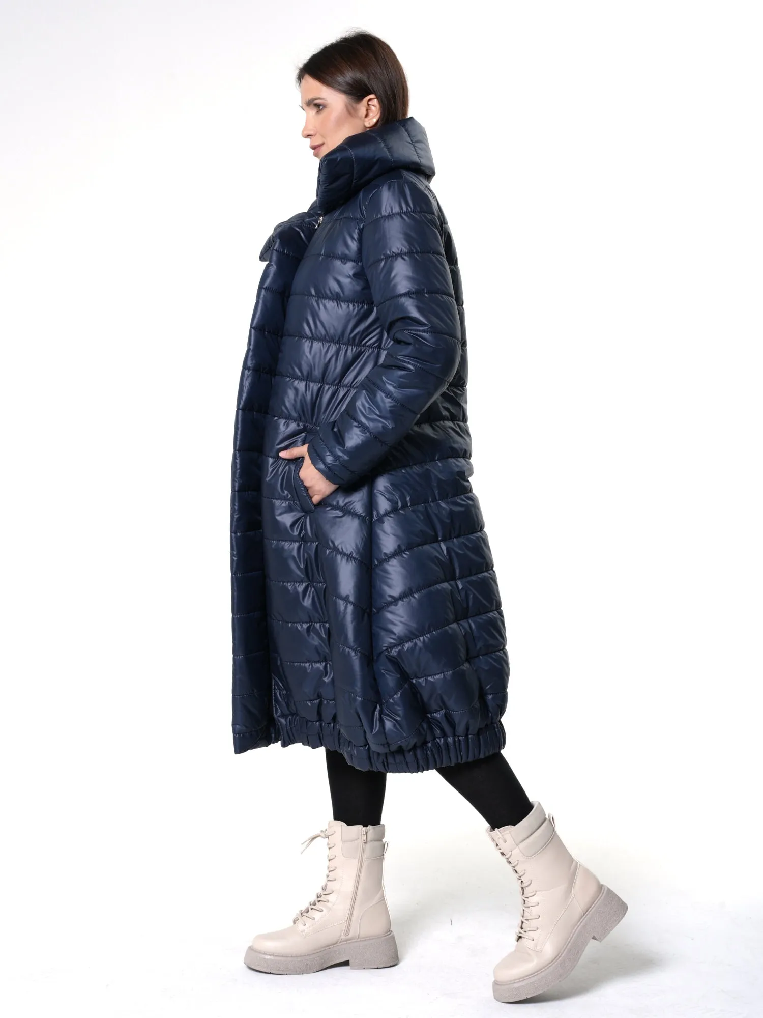 Long Belted Puffer Coat In Blue