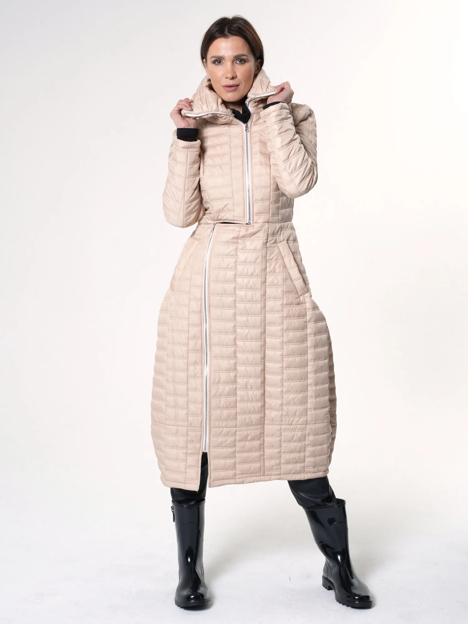 Long Quilted Coat In Beige