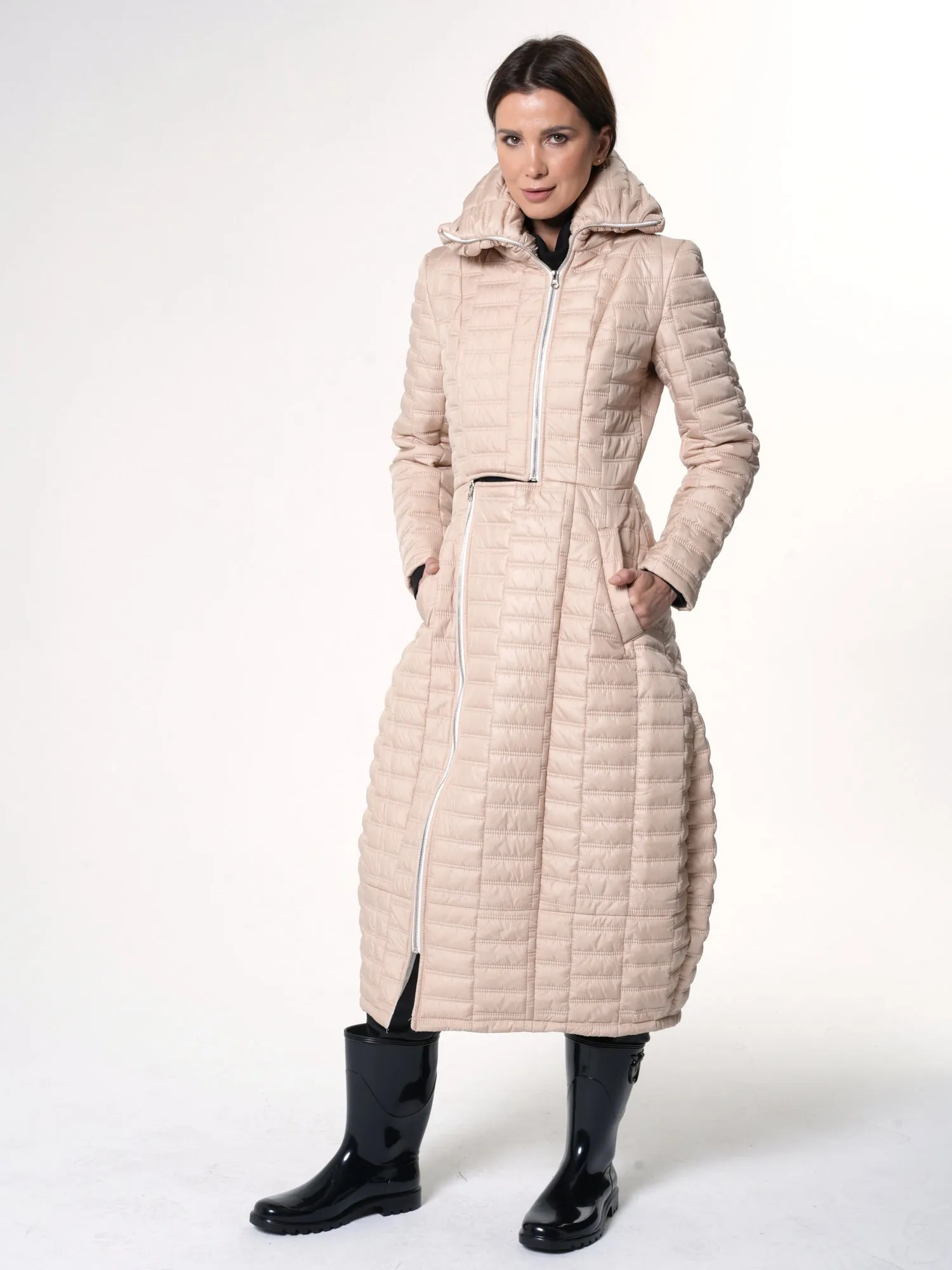 Long Quilted Coat In Beige