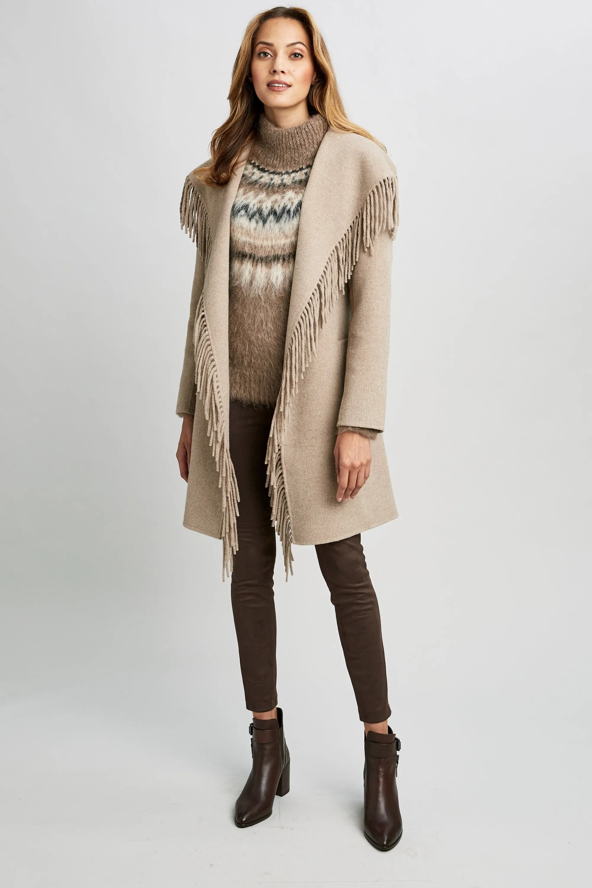 Long Sleeve Fringe Detail Wrap Coat