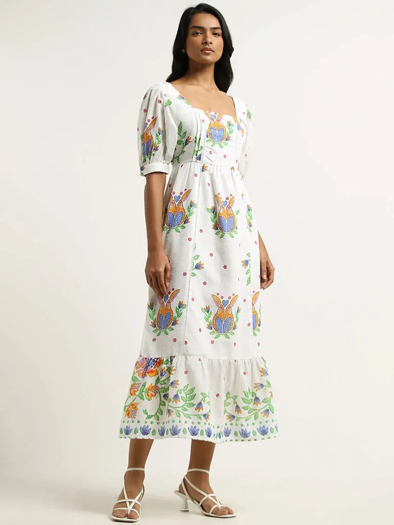 LOV White Puffed Sleeves Cotton Maxi Dress