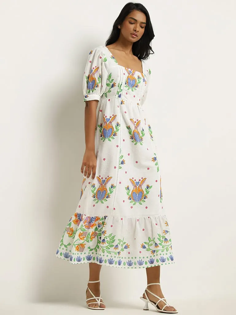 LOV White Puffed Sleeves Cotton Maxi Dress