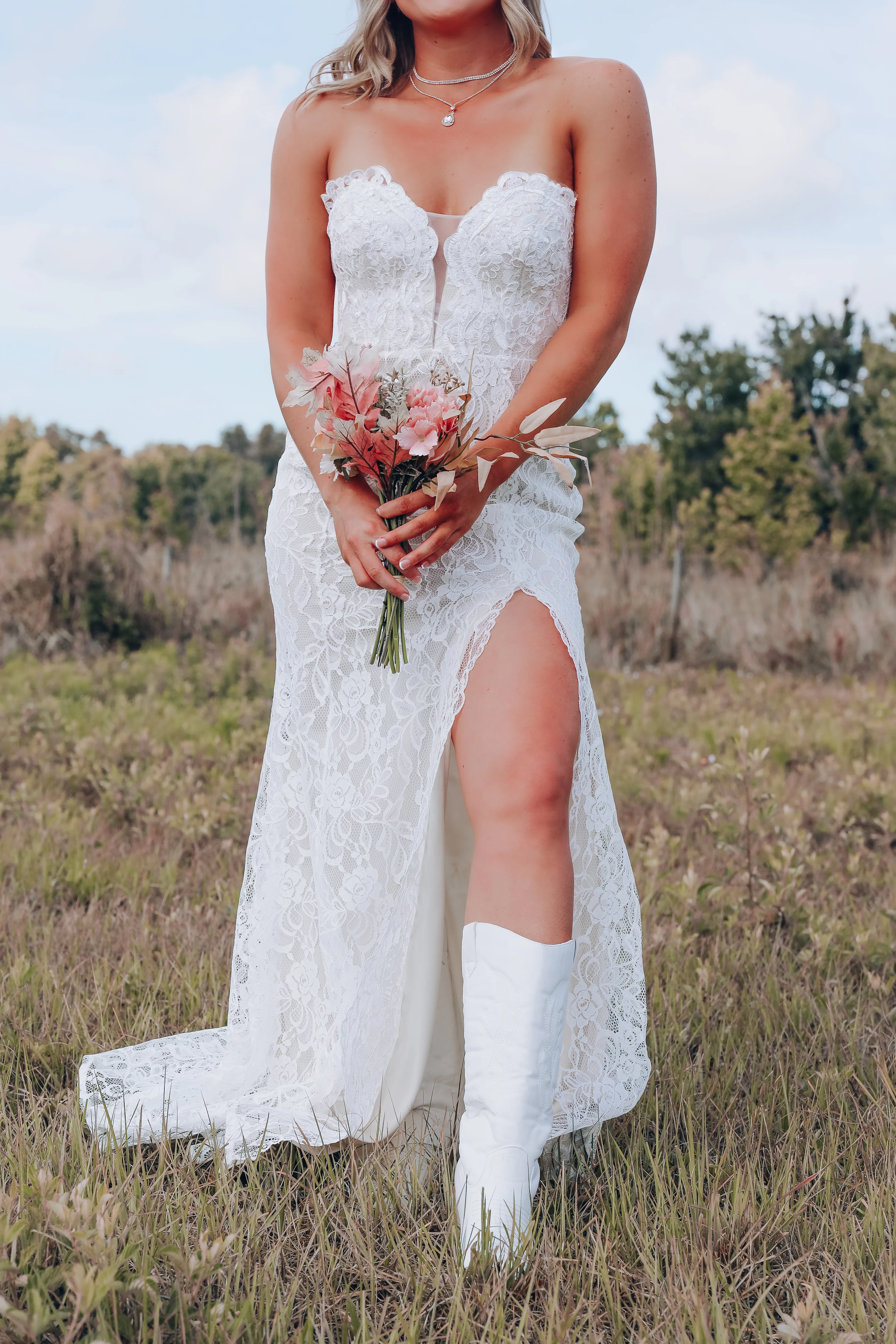 Lovely In Lace Strapless Maxi Dress - Ivory/Nude