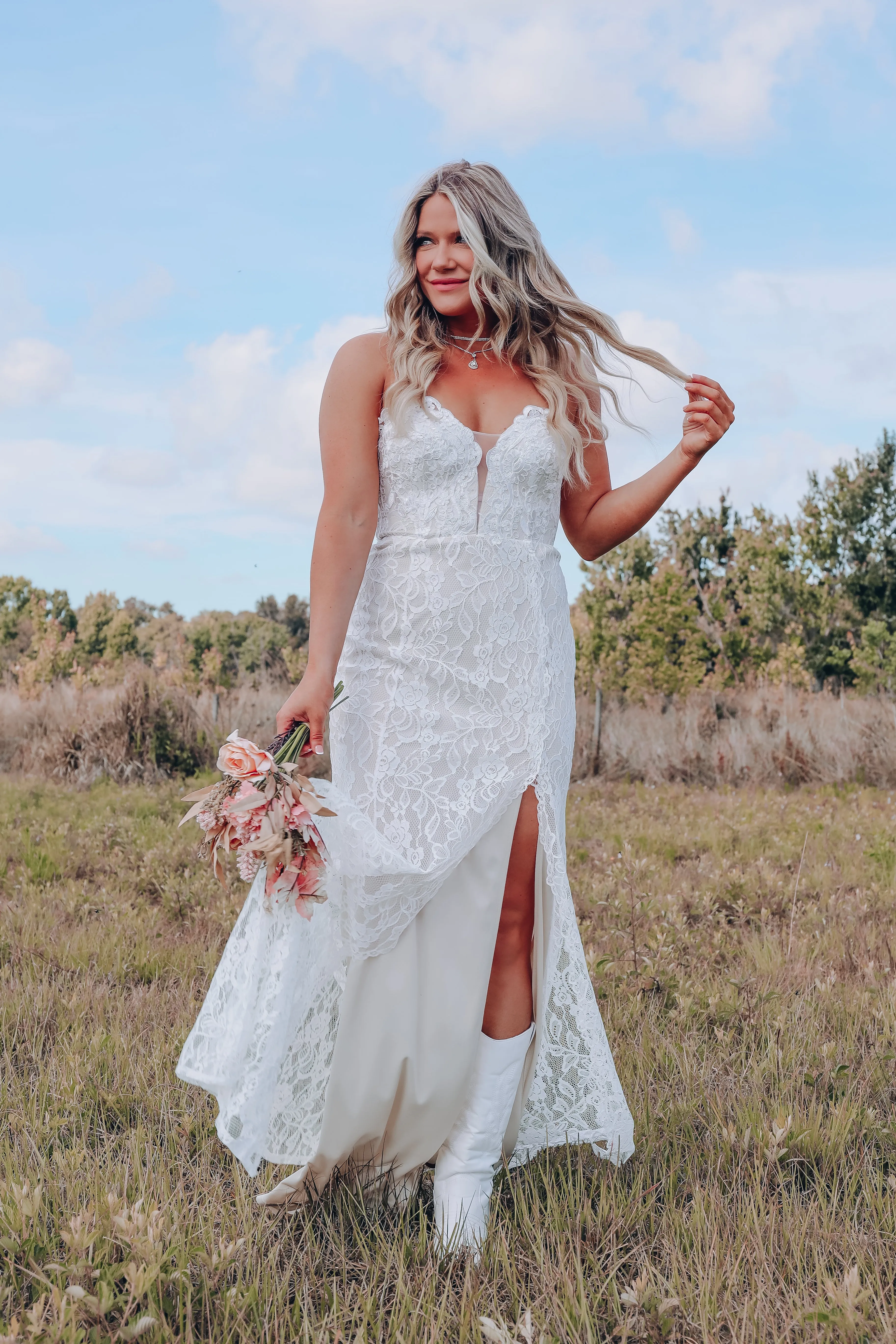 Lovely In Lace Strapless Maxi Dress - Ivory/Nude